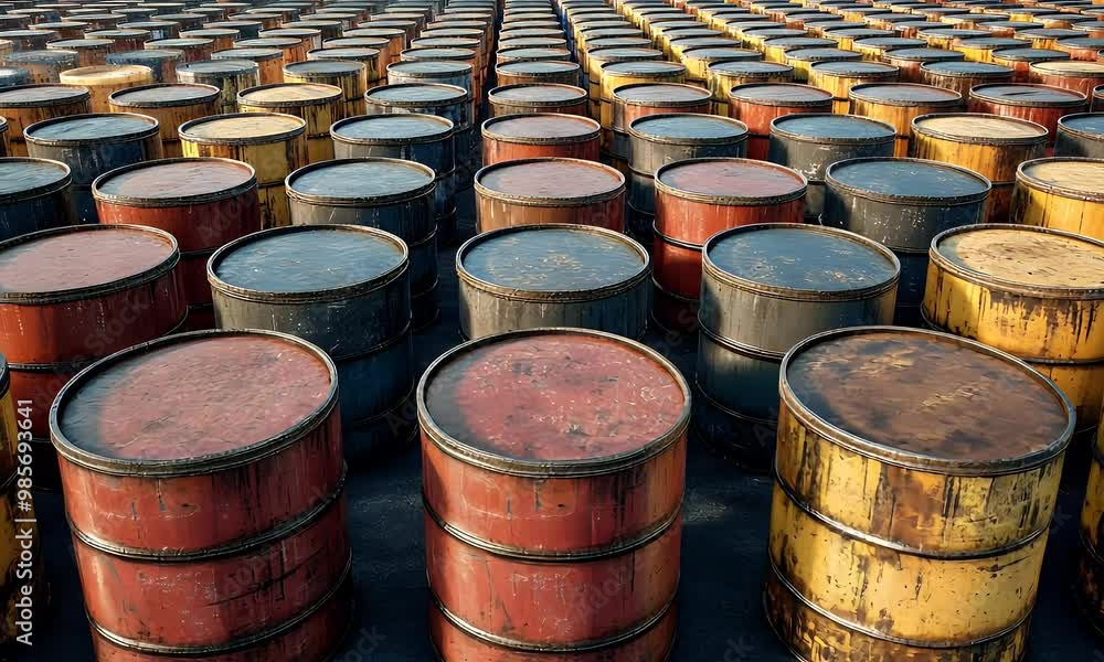 Rows of Worn and Weathered Oil Barrels in a Industrial Setting with a Vintage and Gritty Aesthetic Rows of Worn and Weathered Oil Barrels in a Industrial Setting with a Vintage and Gritty Aesthetic