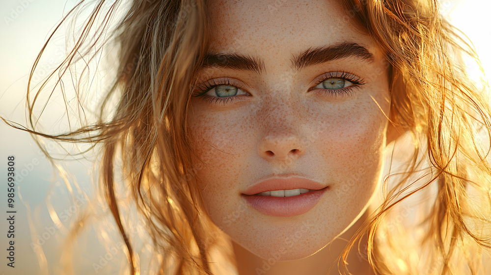 A model with glowing, radiant skin posing in natural sunlight, with golden tones reflecting off her face and soft wind in her hair A model with glowing, radiant skin posing in natural sunlight, with golden tones reflecting off her face and soft wind in her hair