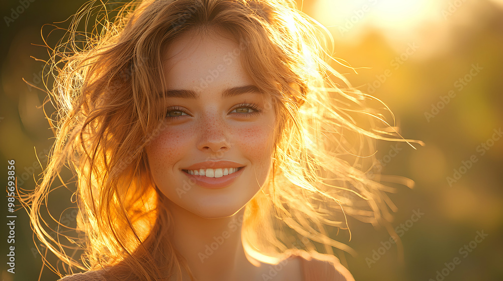 A model with glowing, radiant skin posing in natural sunlight, with golden tones reflecting off her face and soft wind in her hair A model with glowing, radiant skin posing in natural sunlight, with golden tones reflecting off her face and soft wind in her hair