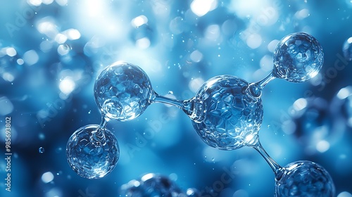 ### Description
A close-up view of water molecules in a blue, fluid environment, showcasing their spherical shape and interconnectedness.