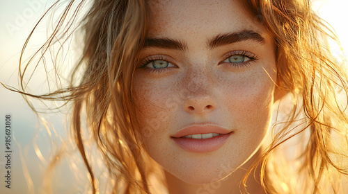 A model with glowing, radiant skin posing in natural sunlight, with golden tones reflecting off her face and soft wind in her hair