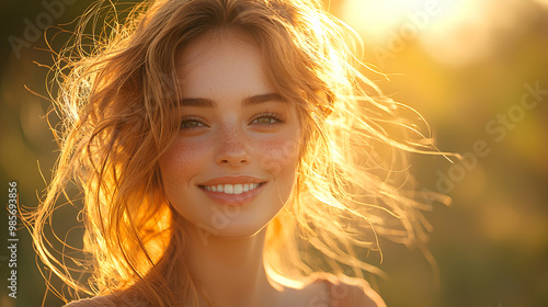 A model with glowing, radiant skin posing in natural sunlight, with golden tones reflecting off her face and soft wind in her hair