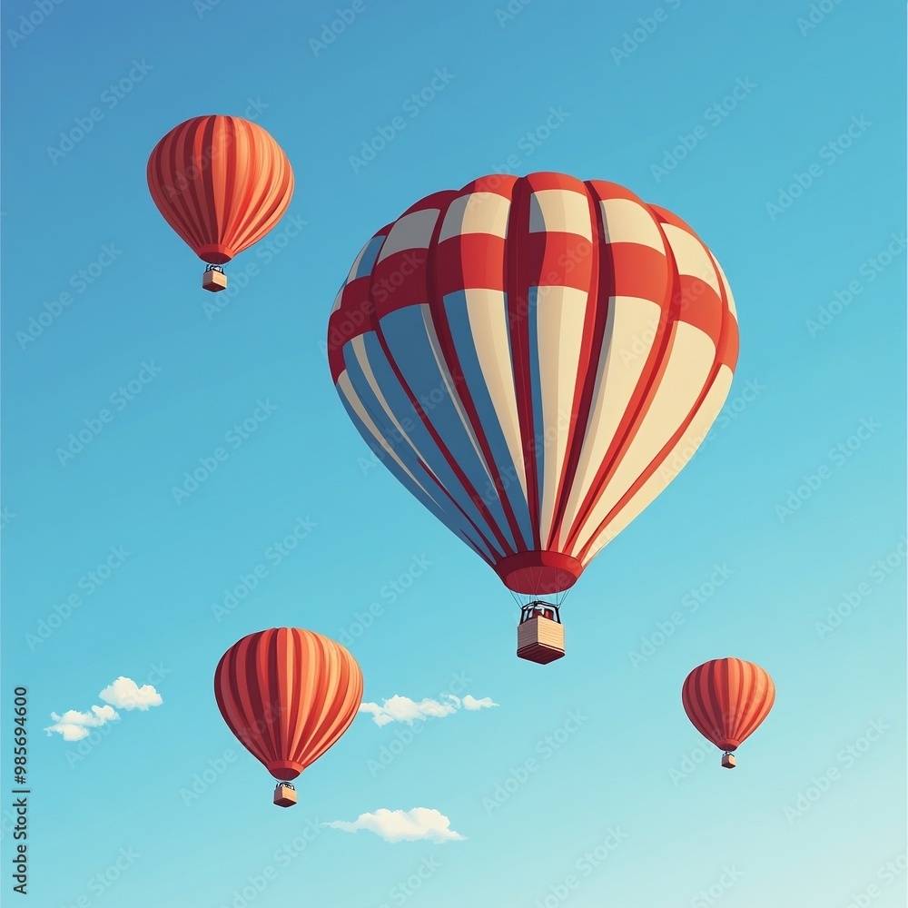 Fototapeta premium vector illustration showcasing colorful hot air balloons floating gracefully in a clear blue sky with scattered clouds