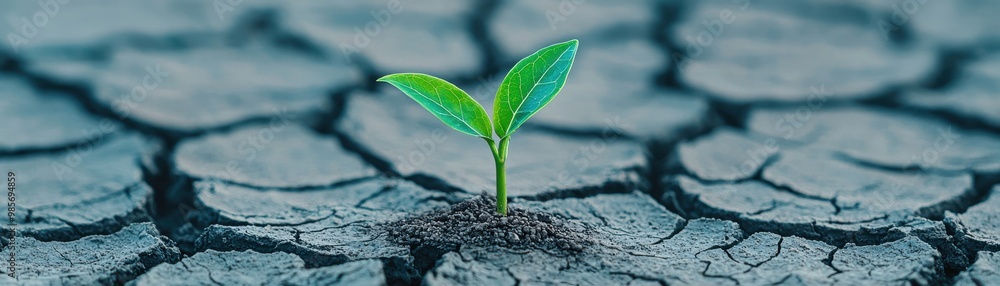 A resilient green sprout emerging from dry, cracked soil, symbolizing hope, renewal, and the struggle for life in harsh conditions. A resilient green sprout emerging from dry, cracked soil, symbolizing hope, renewal, and the struggle for life in harsh conditions.