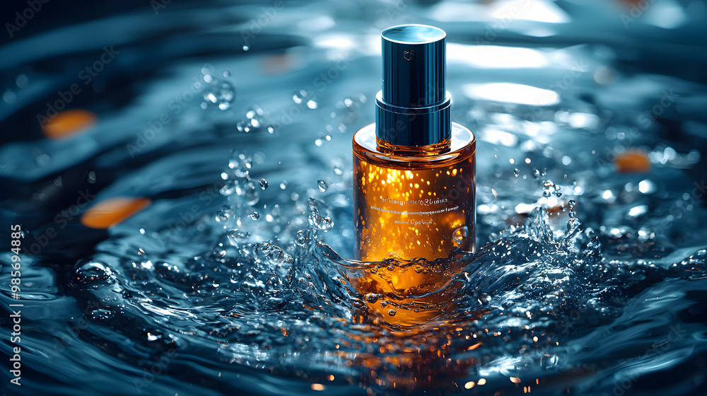 A premium beauty serum bottle standing upright in a pool of glistening water with reflections highlighting the product’s luxurious nature A premium beauty serum bottle standing upright in a pool of glistening water with reflections highlighting the product’s luxurious nature