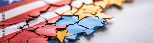 Close-up of a cracked surface featuring American and European flag colors, symbolizing unity and division in international relations. photo