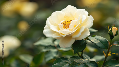 A beautiful white rose in full bloom, surrounded by lush green leaves and other flowers in the background. Created with Ai