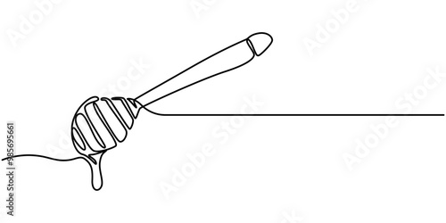 Continuous single line of glass pot full of honey and honey dipper in silhouette. Isolated on white background vector illustration, continuous line drawing of a honey jar with a dipper
