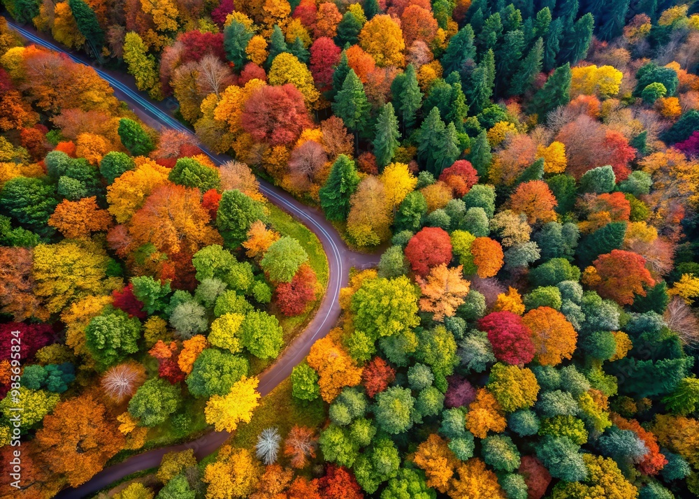 Golden hues swirl amidst the emerald canopy, winding paths weave through the dense forest, scarlet and amber leaves Golden hues swirl amidst the emerald canopy, winding paths weave through the dense forest, scarlet and amber leaves