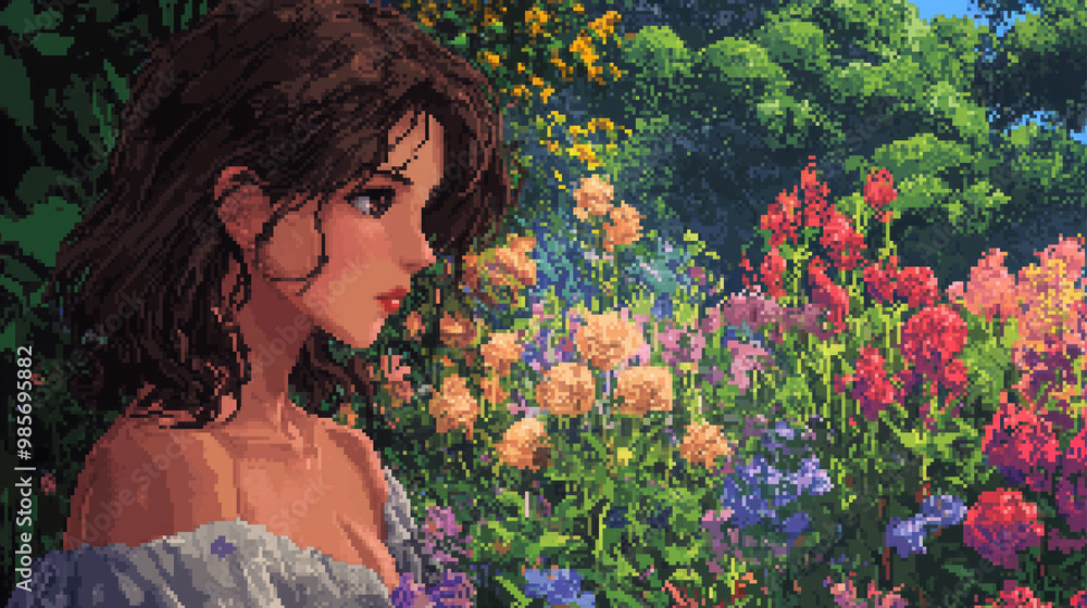 Naklejka premium A girl is sitting in a garden with flowers. She is wearing a white shirt and has a flower in her hair