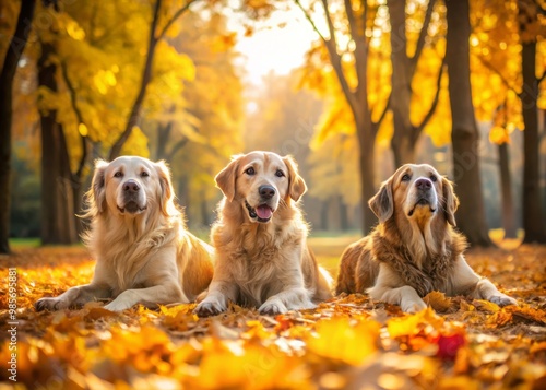 Golden leaves and vibrant foliage surround elderly canine companions as they soak up the sun on a warm