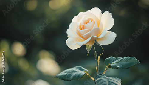 Beautiful white rose in full bloom, with green leaves and a garden background. Close-up of a blooming rose flower with yellow petals. Created with Ai
