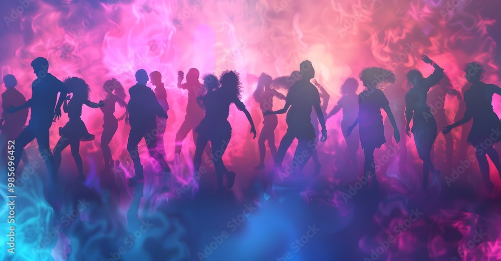 A group of people dancing in silhouette against an illuminated background, creating a vibrant and energetic scene for a nightclub poster or flyer design A group of people dancing in silhouette against an illuminated background, creating a vibrant and energetic scene for a nightclub poster or flyer design