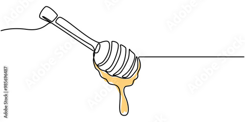 Continuous single line of glass pot full of honey and honey dipper in silhouette. Isolated on white background vector illustration, continuous line drawing of a honey jar with a dipper