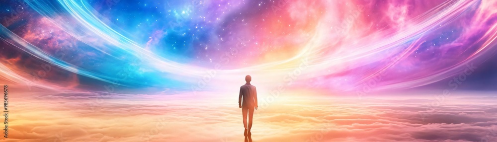 A figure stands in a colorful cosmic landscape, surrounded by vibrant hues and ethereal light, symbolizing exploration and wonder. A figure stands in a colorful cosmic landscape, surrounded by vibrant hues and ethereal light, symbolizing exploration and wonder.
