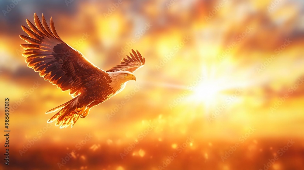 Obraz premium A majestic eagle soaring through a vibrant sunset, showcasing freedom and strength in its natural habitat.