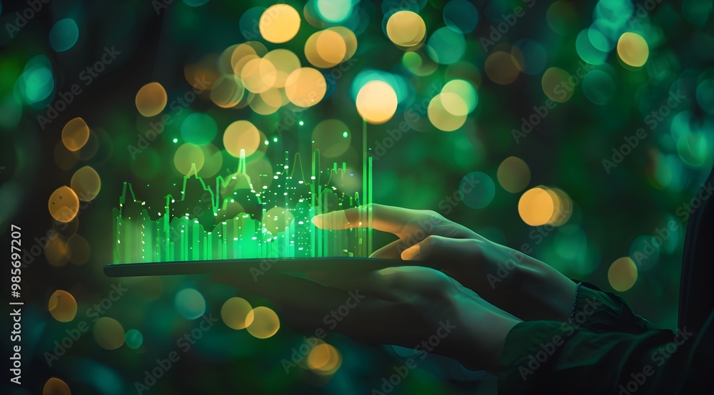 Hand holding a tablet with a green, glowing digital stock market graph and a rising bar chart on the screen, against a dark background with a bokeh effect Hand holding a tablet with a green, glowing digital stock market graph and a rising bar chart on the screen, against a dark background with a bokeh effect
