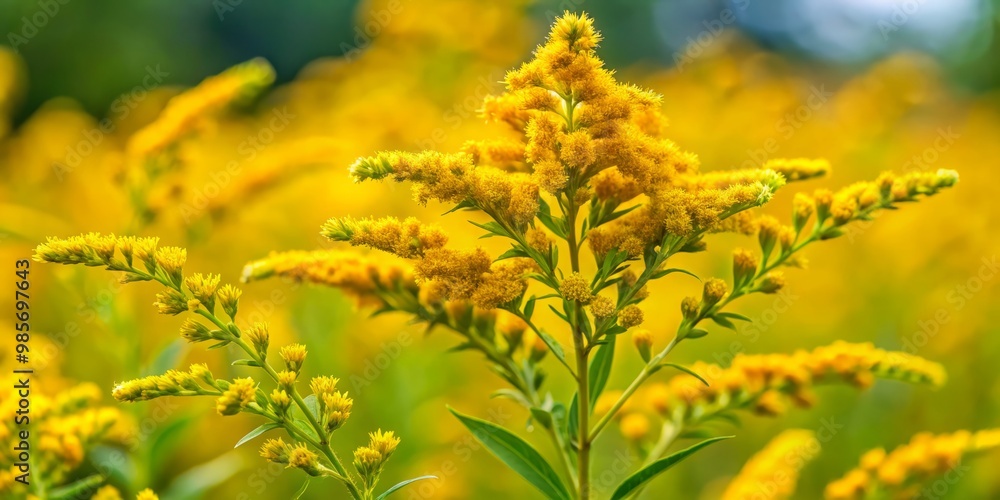 Goldenrod's bright yellow flowers stand tall in a sun-drenched field, gently swaying in a summer breeze, as warmth Goldenrod's bright yellow flowers stand tall in a sun-drenched field, gently swaying in a summer breeze, as warmth
