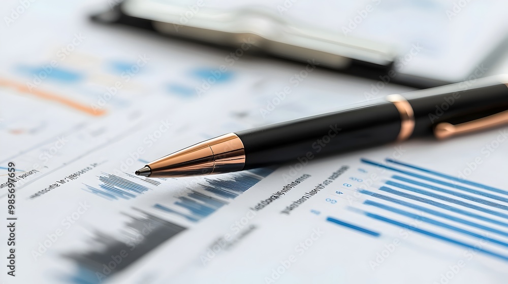 Pile of Financial Reports with Charts and Pen on White Background Depicting Business Strategy and Pile of Financial Reports with Charts and Pen on White Background Depicting Business Strategy and