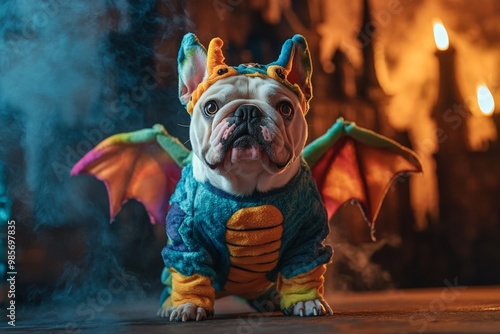 A bulldog dressed in a colorful dragon costume with wings and a scaly texture, standing proudly in front of a spooky castle with fog rolling around the base