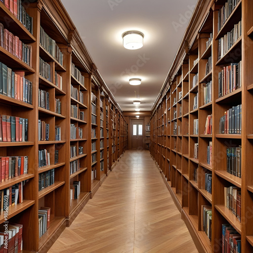 A long, narrow library aisle lined with towering wooden bookshelves filled with countless books creates a sense of awe and intellectual curiosity.