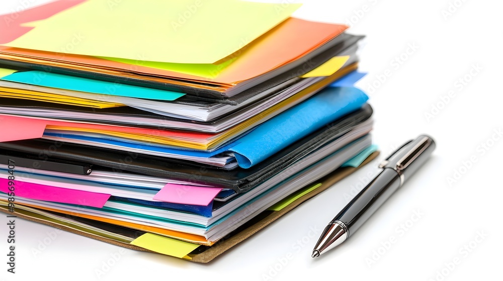 Organized Client Files with Sticky Notes and Pen on White Background Organized Client Files with Sticky Notes and Pen on White Background