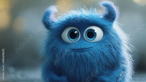 Blue Furry Creature with Big Eyes. Blue Cute Monster. 3D Illustration. Generate Ai Image