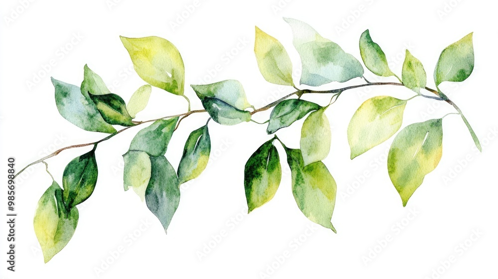 Artistic watercolor illustration of green leaves on a branch, white backdrop Artistic watercolor illustration of green leaves on a branch, white backdrop