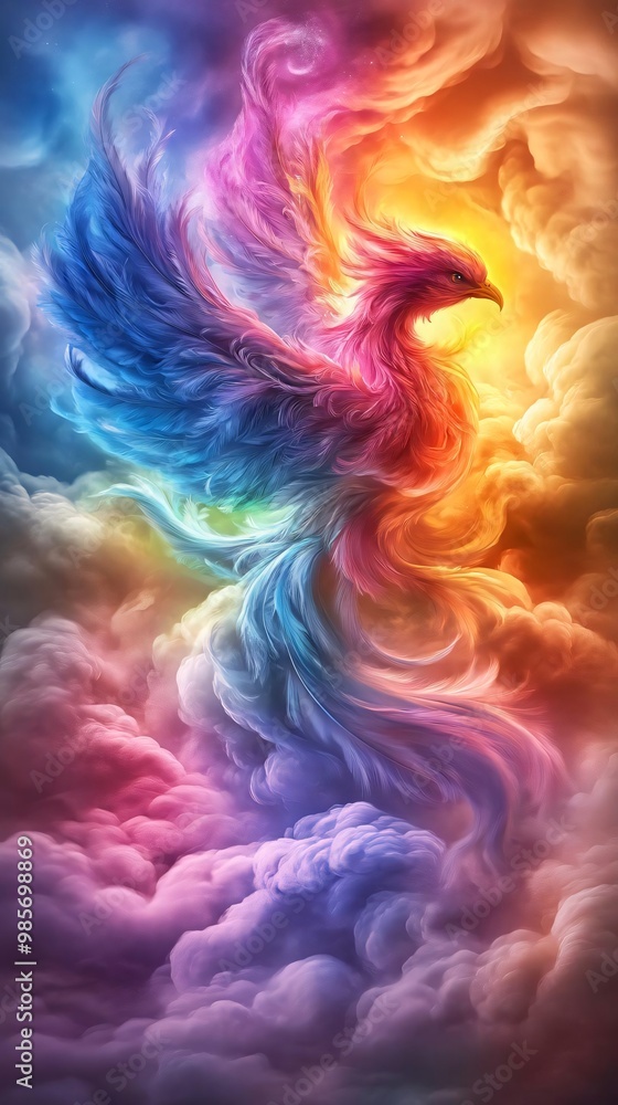 Fototapeta premium A vibrant phoenix rising amidst colorful clouds, symbolizing rebirth and transformation in ethereal hues.