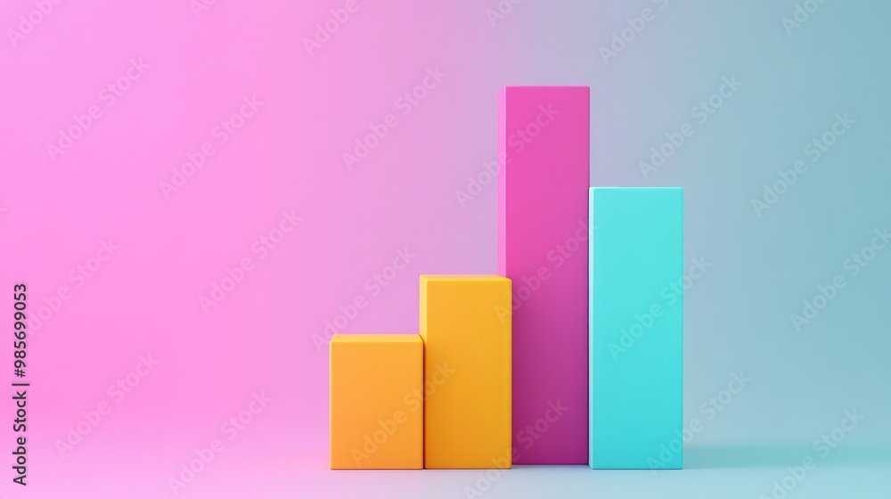 Colorful 3D bar chart on a pink and blue gradient background. Colorful 3D bar chart on a pink and blue gradient background.