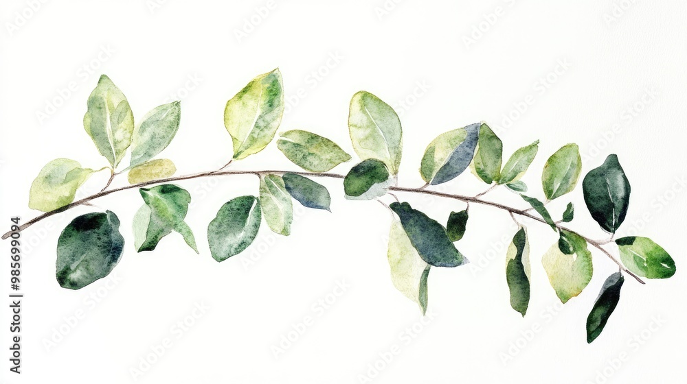 Artistic watercolor painting of plant with leaves on a branch, plain white Artistic watercolor painting of plant with leaves on a branch, plain white