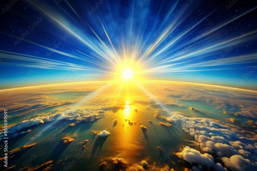 Golden sunlight pours through a crystal clear blue sky, illuminating the earth with warm rays that spread far Golden sunlight pours through a crystal clear blue sky, illuminating the earth with warm rays that spread far