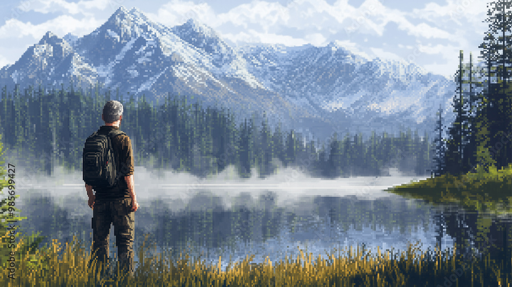 A man is sitting by a lake, looking out at the mountains. The scene is peaceful and serene, with the man's reflection in the water adding to the calming atmosphere A man is sitting by a lake, looking out at the mountains. The scene is peaceful and serene, with the man's reflection in the water adding to the calming atmosphere
