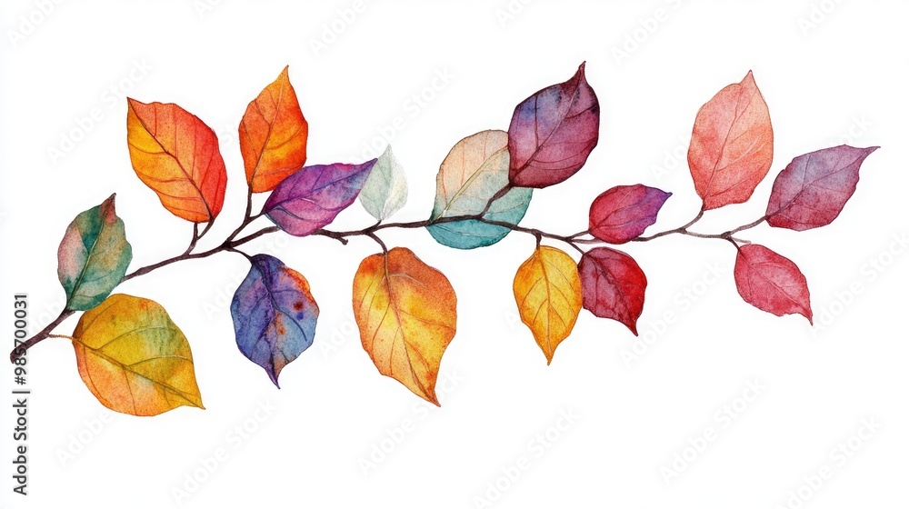 Obraz premium Detailed botanical watercolor of vibrant leaves on a branch, minimalist white