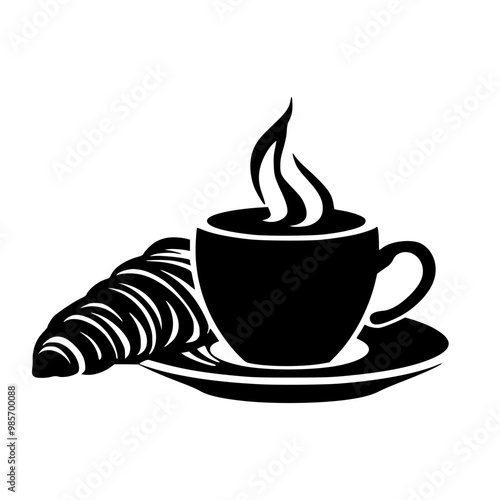 Cup of coffee with croissant, logo vector illustration