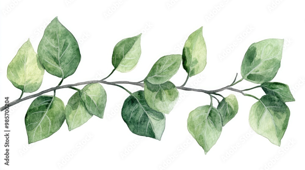 Fototapeta premium Detailed watercolor clipart of fresh plant leaves on a detailed branch, white