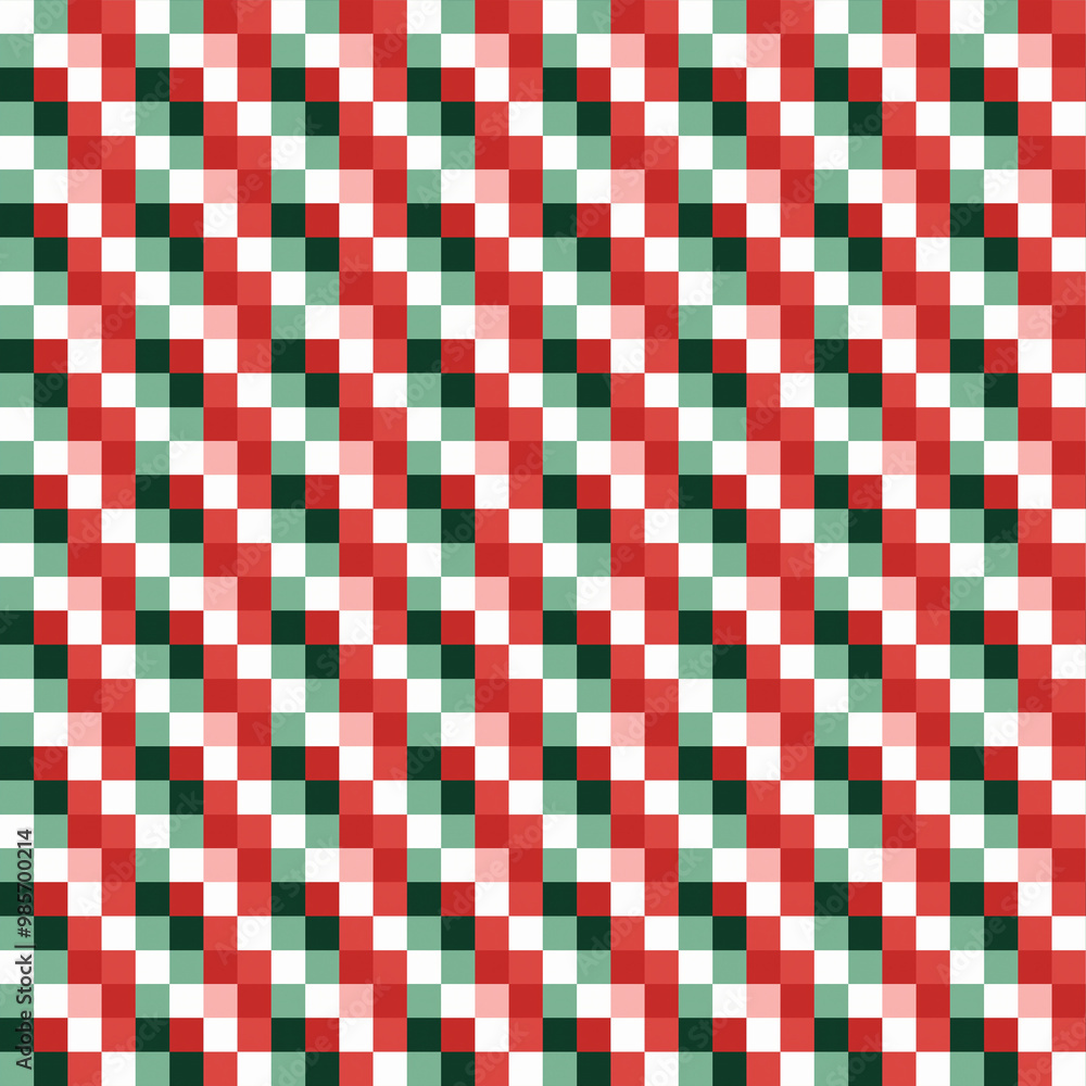 Fototapeta premium Red and Green Plaid Pattern A classic red, green, and white plaid pattern with a diagonal orientation, perfect for holiday-themed designs, gift wrap, and festive textiles.