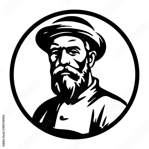 Village man worker, retro portrait, logo vector illustration