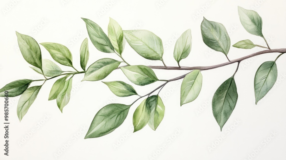 Detailed watercolor painting of fresh green foliage on a branch, plain white Detailed watercolor painting of fresh green foliage on a branch, plain white