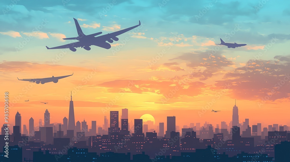Silhouette of a city skyline at sunset, with airplanes flying overhead. Silhouette of a city skyline at sunset, with airplanes flying overhead.