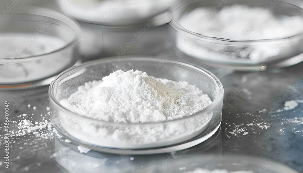 Petri dishes with calcium carbonate powder on grey table, closeup Petri dishes with calcium carbonate powder on grey table, closeup
