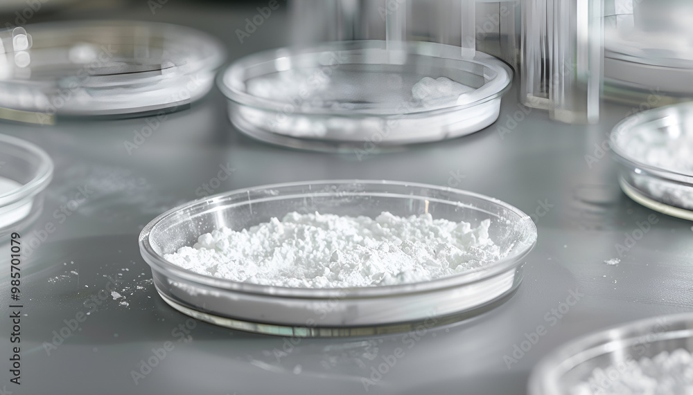 Petri dishes with calcium carbonate powder on grey table, closeup Petri dishes with calcium carbonate powder on grey table, closeup