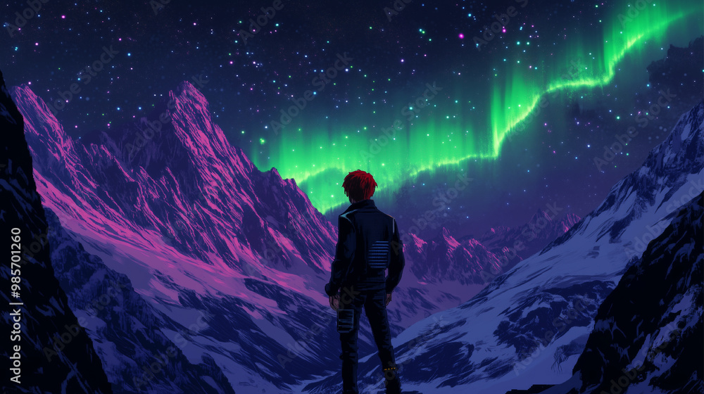 Obraz premium A man stands on a mountain top, looking out at the night sky. in pixel art. The sky is filled with auroras, creating a beautiful and serene atmosphere. The man is wearing a backpack