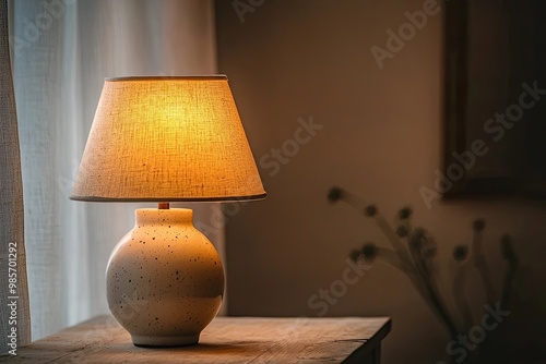 Warm bedside lamp with soft glow in cozy room