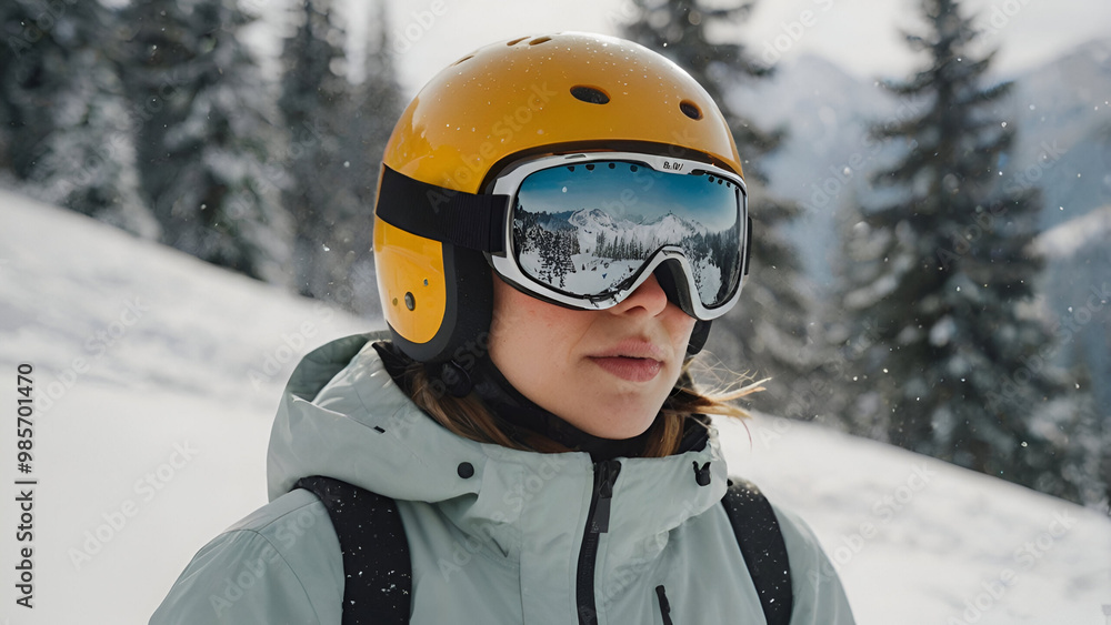 A close-up photo of a person engaged in winter sports, skiing or snowboarding. The person is wearing a helmet and reflective ski goggles, reflecting the snowy landscape. A close-up photo of a person engaged in winter sports, skiing or snowboarding. The person is wearing a helmet and reflective ski goggles, reflecting the snowy landscape.