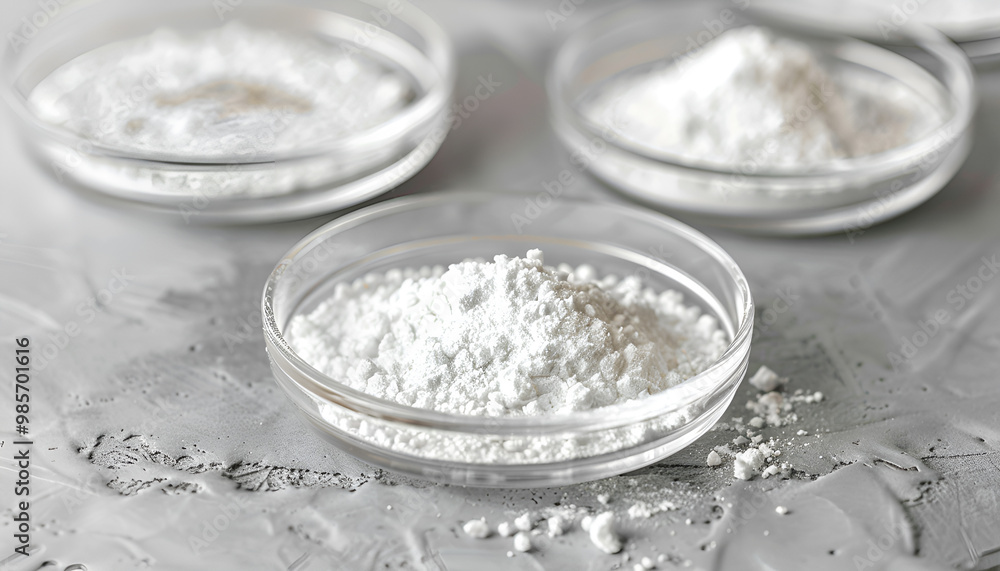Petri dishes with calcium carbonate powder on grey table, closeup Petri dishes with calcium carbonate powder on grey table, closeup