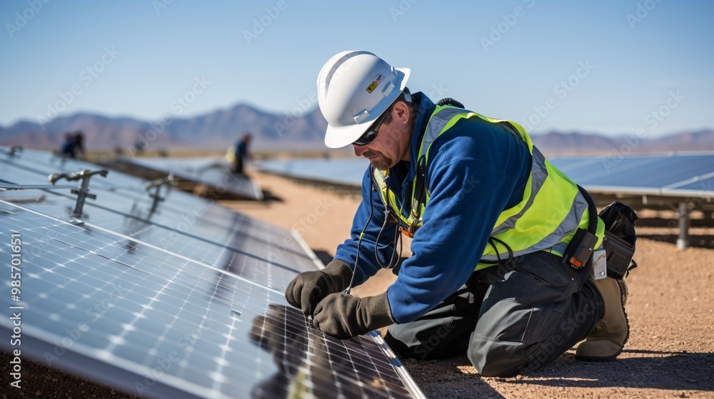 A technician performing maintenance on a large solar panel array A technician performing maintenance on a large solar panel array