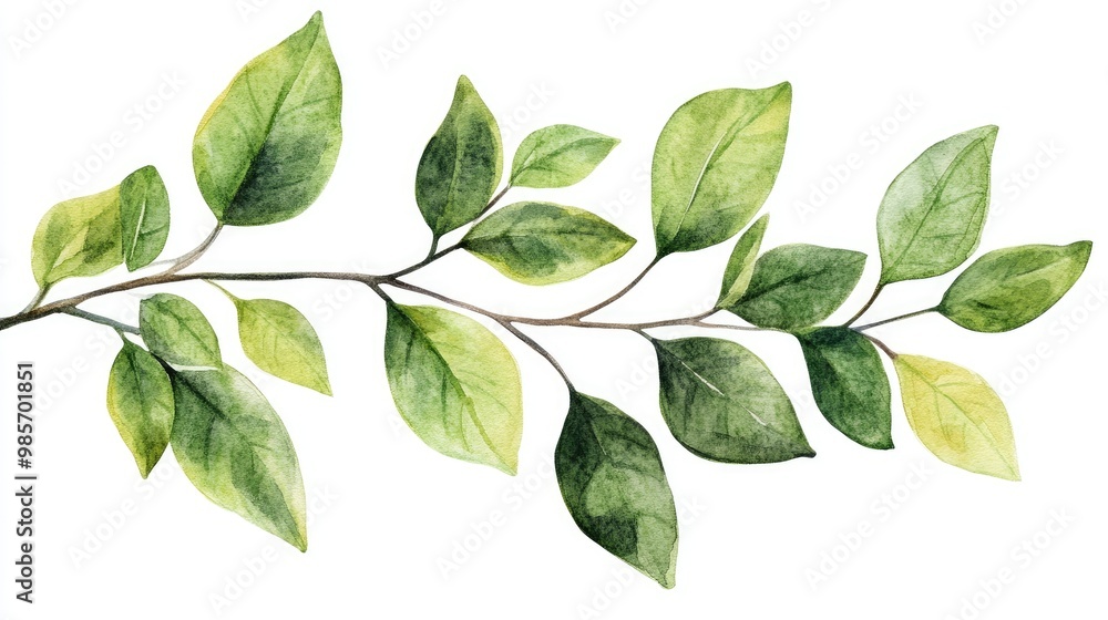 Watercolor clipart showcasing botanical leaves on a branch, white Watercolor clipart showcasing botanical leaves on a branch, white