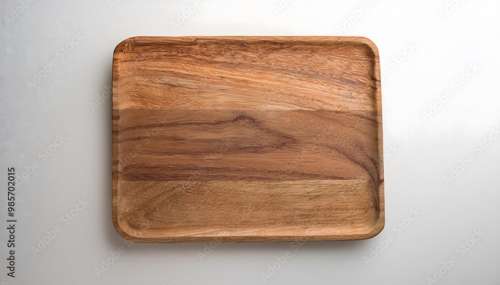 A rustic wooden cutting board placed on a white table, isolated with minimal decoration A rustic wooden cutting board placed on a white table, isolated with minimal decoration