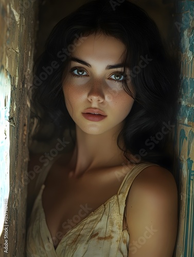 Young woman with dark hair and deep brown eyes, looking directly at the camera, while leaning against a weathered wall.